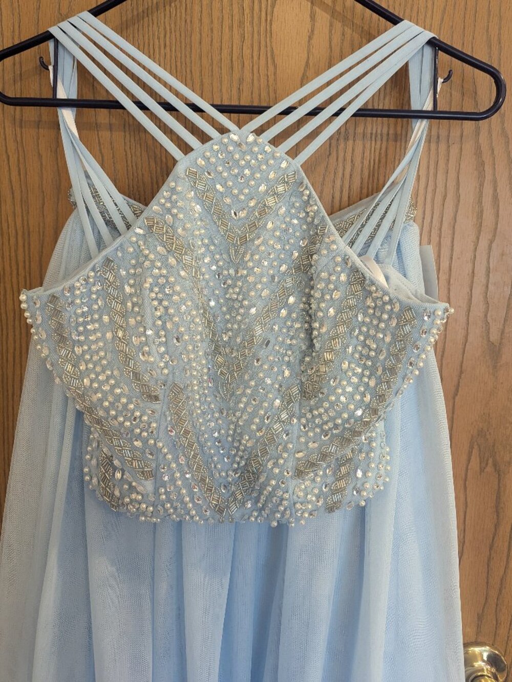 "Say Yes to the Prom" 2-Piece Beaded Midriff w/ Maxi Tulle Skirt Sky Blue Silver